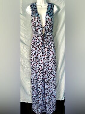 Topshop Light Blue, Black Floral Tie Front Wide Leg Jumpsuit, Size 10